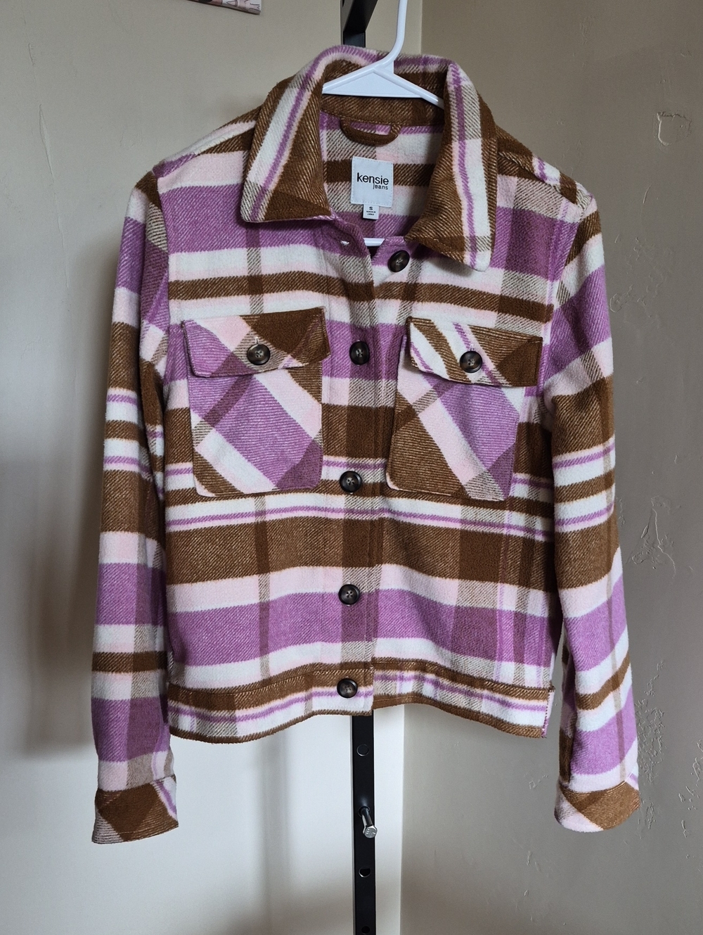 Kensie Pink, Brown & Cream Plaid Button Jacket / Shacket Size Small